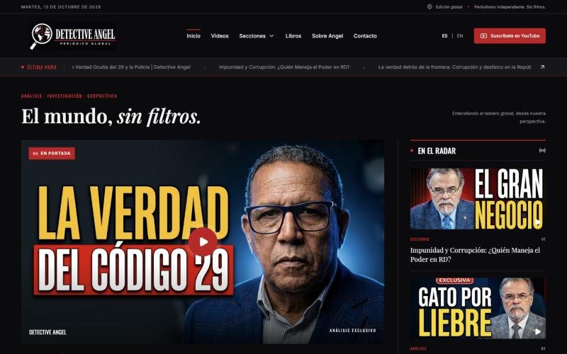 Screenshot of the Detective Angel website home page: a dark, news-style layout in Spanish with a featured video story.