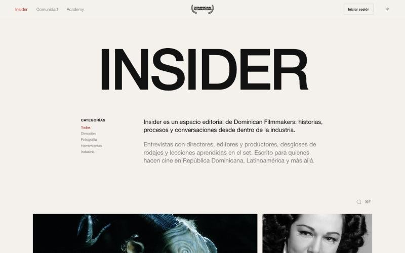 Screenshot of the Dominican Filmmakers Insider page: a large INSIDER title, categories and an intro in Spanish.