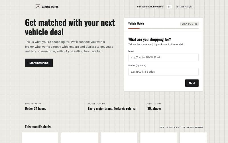 Screenshot of the Vehicle Match landing page: the headline "Get matched with your next vehicle deal" next to a step-by-step lead form.